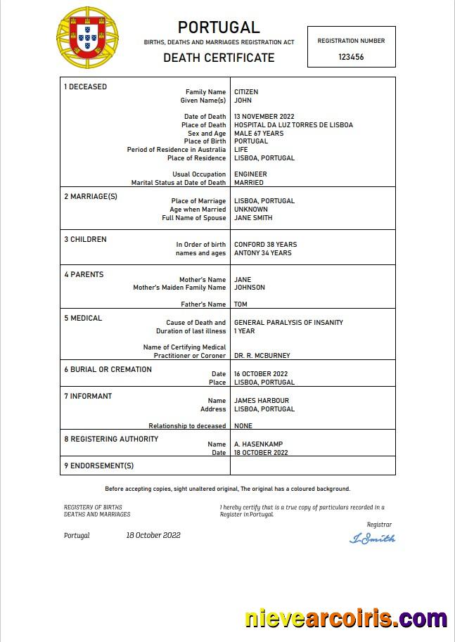 Portugal death certificate